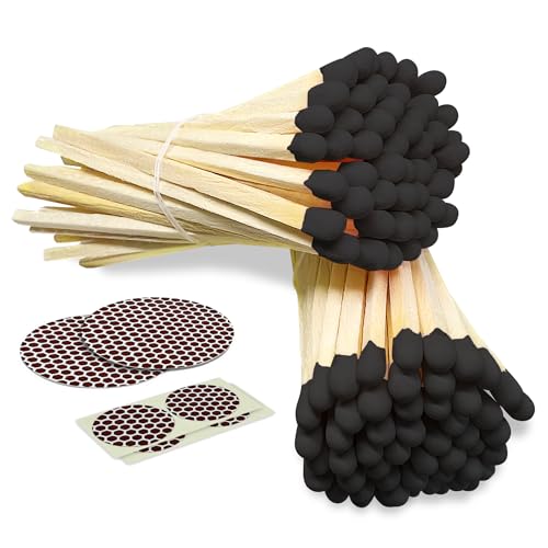 4" Bold Black Tip Matches (100 Count, with Striking Stickers Included) | Decorative Unique & Fun for Your Home, Gifts, Accessories & Events | Premium Long Wood Safety Matches by Thankful Greetings