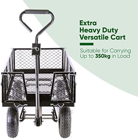 Garden TRAILER Cart Pull Along Trolley 350kg Heavy Duty Black Mesh Utility Gardeners Wagon with Removable Liner, Folding Sides, Pneumatic Tyres, Outdoor Cart for Gardening, Festivals, Camping
