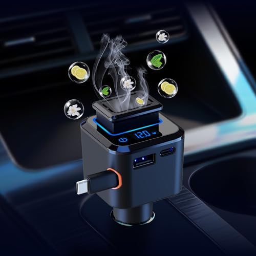 Aroma Diffusers - Smart Car Air Freshener Diffuser with Car Charger, Magnetic Mounting Solid Fragrance Diffuser, Auto On/Off, 60 Days Long-Lasting, 97.5W (3-Ports) Fast-Charging, Voltage Display, LED Ambient Light