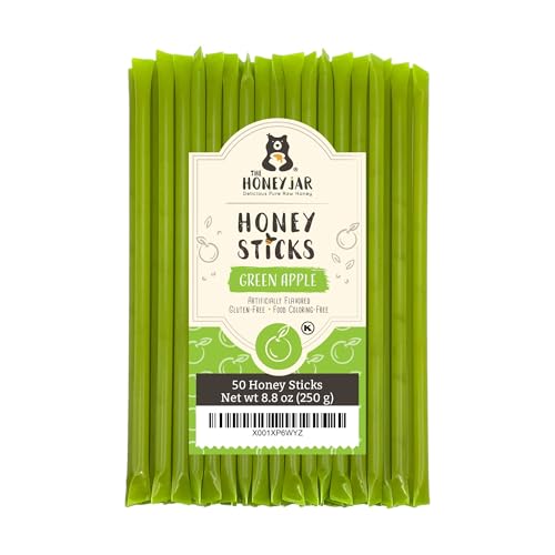 The Honey Jar Green Apple Flavored Honey Sticks - Pure Honey Straws For Tea, Coffee, or a Healthy Treat - One Teaspoon of Flavored Honey Per Stick - Made In The USA with Real Honey - (50 Count)
