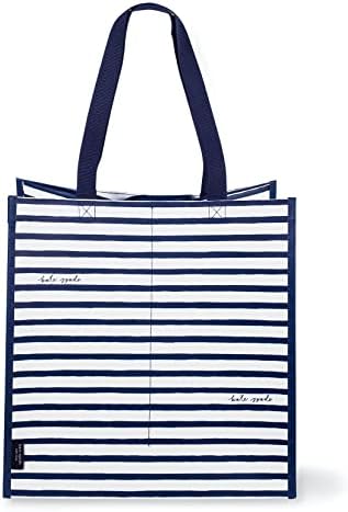 Kate Spade New York Reusable Shopping Bag, Grocery Tote with Shoulder Straps, Large Collapsible Tote, Navy Painted Stripe