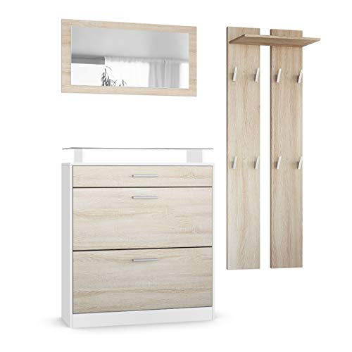 Vladon Penderie Loret Mini, Meuble d’entrée Comprenant 1 Commode à Chaussures, 1 Miroir Mural et 2 Panneaux Porte-Manteaux, Blanc Mat/Chêne Brut