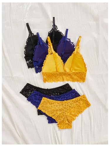 Image of Verdusa Women's Lingerie Sets 6 Piece Lace Bow Floral Underwear Bras Wireless Padded Bra and Panty Set