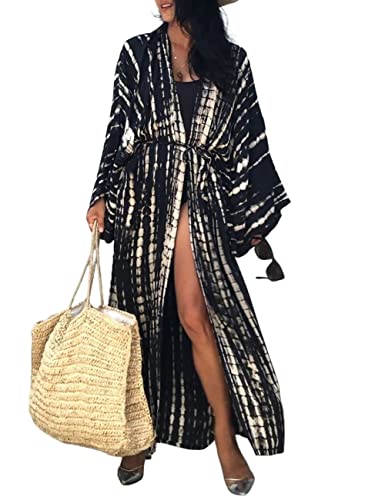 Bsubseach Robe de Plage Femme Été Tunique Cardigan Imprimé Caftan Grande Taille Kaftan Bohème Veste Kimono Bikini Cover Up Maxi Longue Fluide Pareo Femme Plage Boho Sarong Noir