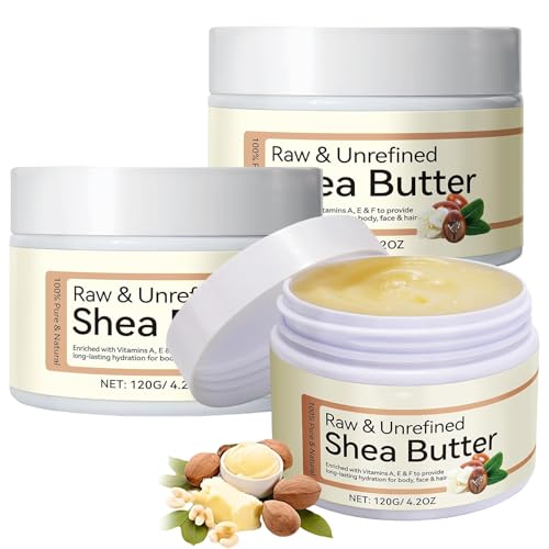 Ninnyi 3Pcs Shea Butter Organic, 4.2Oz Raw Shea Body Butter Moisturiser Cream Lotion for Hair Body Nourishes and Softens Dry Skin