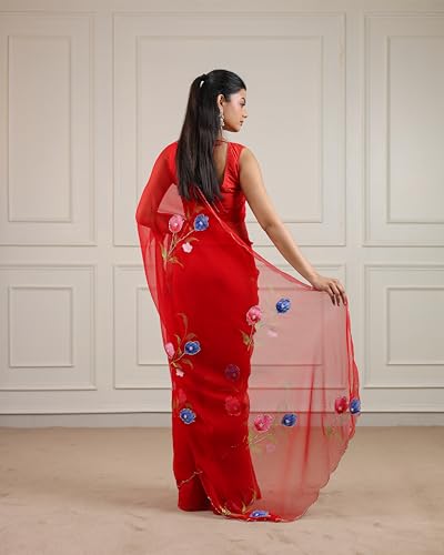 Image of Arkia Women's Hand Painted and Hand Cut dana Work Saree, Red Floral Embroidered Traditional Indian Saree