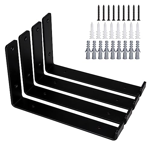 YAYODS 4 Pack Shelf Brackets Heavy Duty, Black Metal Mounted Wall Brackets for Shelves, 5MM Thick Scaffold Shelf Support Brackets, Industrial L Shape Brackets for Room, Bookshelf (9.44x 5.9 inch)