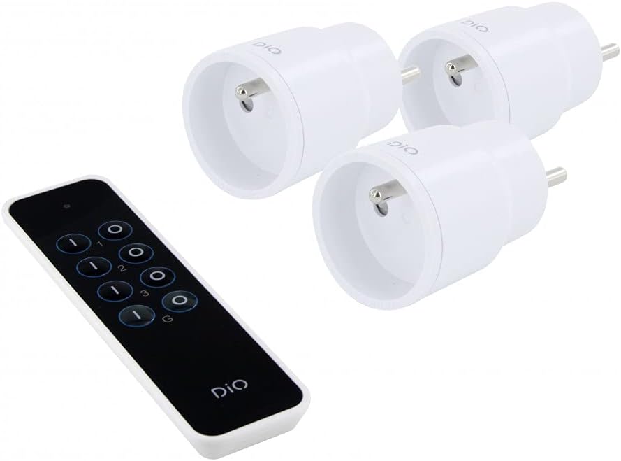 Image showing a hand holding the remote control with three plugs in the background