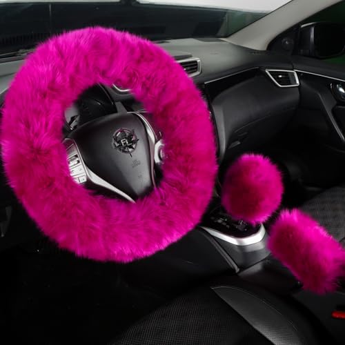 Fuzzy Sheepskin Steering Wheel Cover Set in Hot Pink