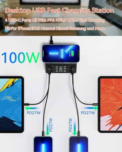 Image of USB Charging Station,100W 8-Port Charging Station for Multiple Devices with 4 QC3.0+4 USB-C PD Ports,Wireless Charger,Multi Fast Charging Hub Charger Station for 1Phone,Sam.Sung, 1Pad (838W 100W)