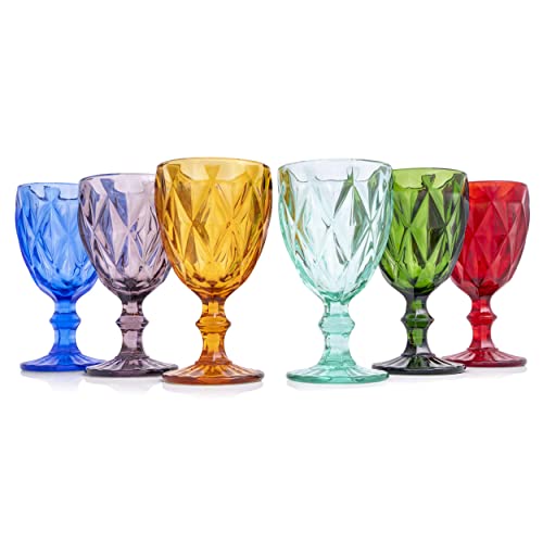 Whole Housewares | Multi Colored Glass Drinkware Set | Vintage Drinking Cups | 9.5Oz Water Glasses | Set Of 6 | For Wedding Or Parties | Blue, Amber, Red, Pink, And Green (Glass Goblet) #TOP2