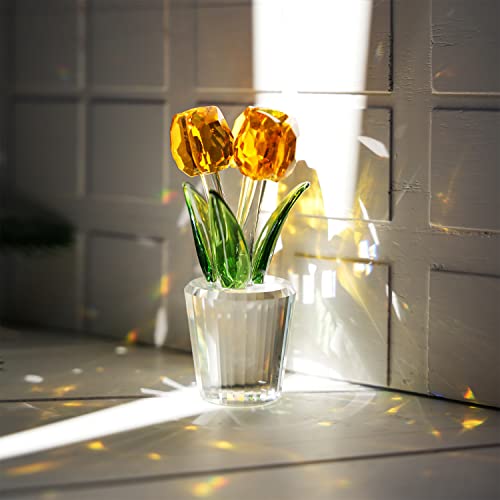 H&D Hyaline & Dora Crystal Tulips Flower Figurines, Yellow Glass Bouquet Collectible Figurines Home Decor Ornaments Gift Idea For Mothers Day, Valentine's Day, Wedding Party,Christmas Day #TOP2