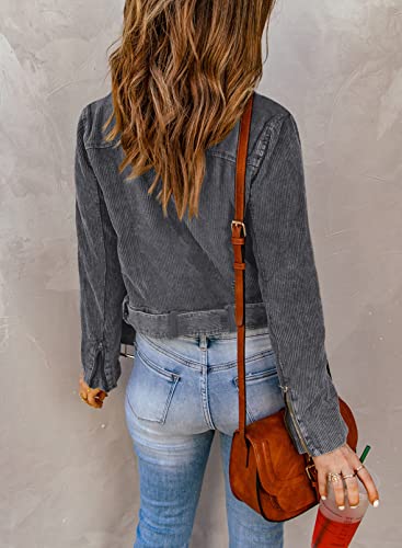 Dokotoo Motorcycle Jackets For Women Winter Fall Zip Up Collar Long Sleeve Zipper Corduroy Casual Fashion Blet Cropped Outerwear Gray Medium #TOP29