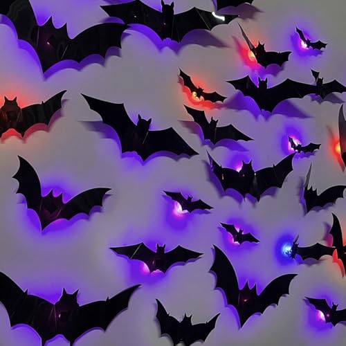 24 Stück LED Lichter 3D Halloween Fledermaus Deko,Halloween Dekoration Fledermaus Wandaufkleber mit 10 Verschiedenen Größen,Horror Deko Aufkleber,LED Fledermäuse Deko für Innen Helloween Partyzubehör
