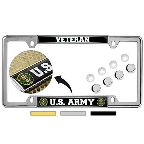 [Officially Licensed Product] - U.S. Army Veteran - Domed Custom-Made Personalized Narrow (Thin) Top 4 Hole Metal Car License Plate Frame with Free caps - Chrome (Quantity: 1 Frame)