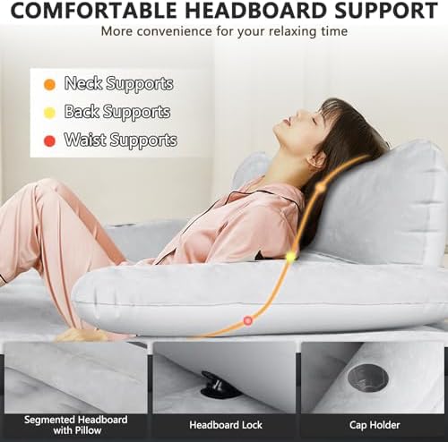 Person lounging on inflated air mattress with headboard