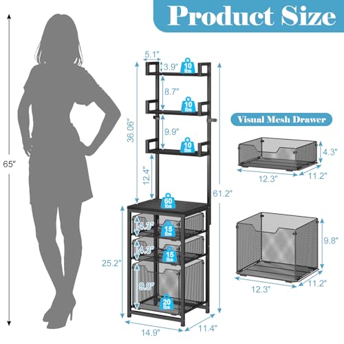 Sbanmao 3-Drawer File Cabinet with 3 Shelves, 61" Tall Vertical Filing Cabinet for Home Office, Metal Mesh Drawers with Small Printer Stand, Fit for Letter Files, Black