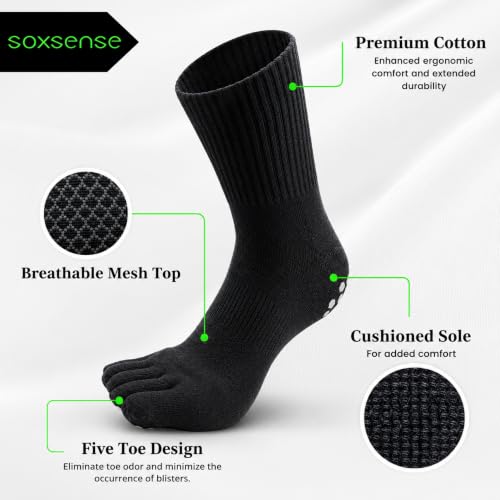 Image of Soxsense Multi-Pack Sports Grip Toe Socks with Cushion, Non-Slip Finger Socks for Pilates, Home Gym, Soccer, basketball