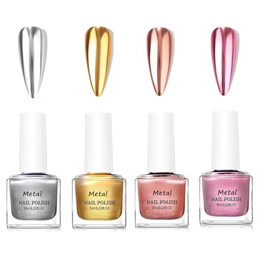Set di 4 smalti metallizzati, di alta qualità, a specchio, cromati, ad asciugatura rapida, facile da usare per nail art
