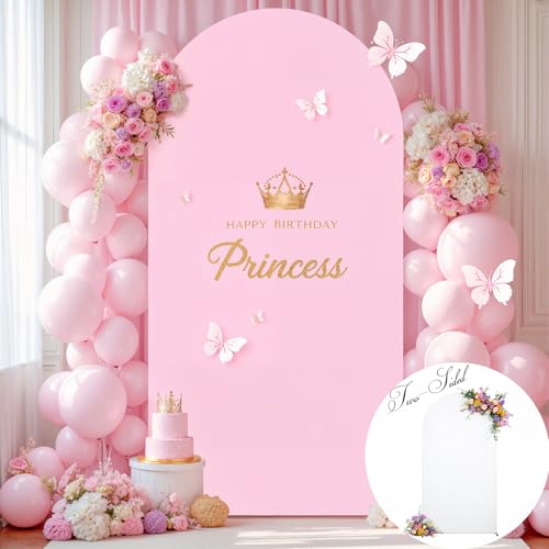 7.2FT Wedding Arch Backdrop Cover, Stretchy Arch Covers Round Top Chiara Backdrop Cover for Wedding Birthday Party Baby Shower Banquet Arch Decor(White+Pink)
