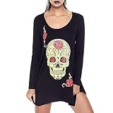 MORCHAN ❤ Tops Champion Mode Femmes O-Neck Chemisier Chimie Halloween Crâne Imprimé Manche Longue Chimie T-Shirt Tops(FR-44/CN-XL,Noir)