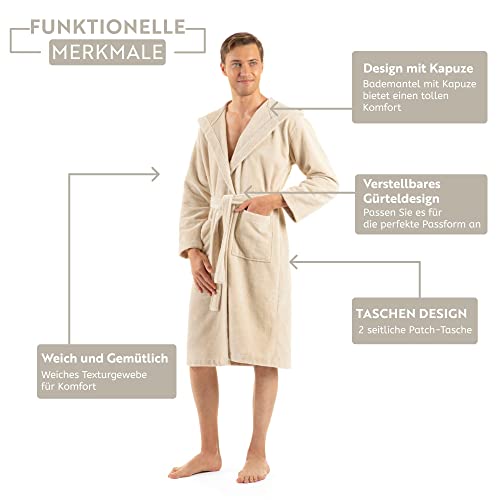 ENGLISH HOME Bademantel Damen Flauschig, Bademantel Herren mit Kapuze aus Baumwolle, Frottee Saunamantel, Unisex, Sauna Mantel Damen mit lang Gürtel