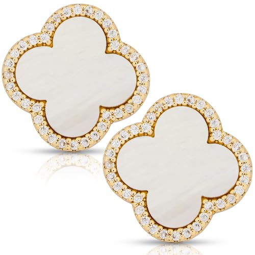 Four Leaf Clover Earrings 18K Gold Plated with Black Agate or White Shell | Mother of Pearl & Cubic Zirconia | Classic English Lock | Tarnish-Resistant Jewelry for Women3