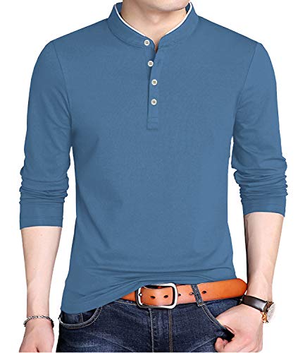 YTD Men's Casual Slim Fit Pure Color Long Sleeve Polo Fashion T-Shirts X-Large Long Sleeve Blue