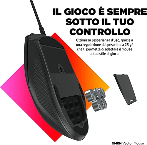 OMEN Vector Mouse, 6 Tasti Programmabili, DPI 100 a 16.000, Sensore Precisione OMEN Radar 3, LED Personalizzabili, Rotella Scorrimento, Cavo USB Cablato, Regolazione Peso fino 25 g, Nero - Mouse gaming - Immagine 3