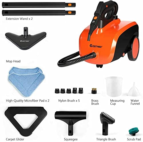 Costway Multipurpose Steam Cleaner With 19 Accessories, Heavy Duty Household Steamer Chemical-Free Cleaning, 1.5L Dual-Tank Rolling Cleaning Machine For Carpet, Floor, Window And Car, Orange+Black #TOP4