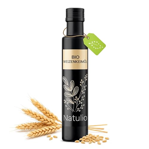 Natulio Bio Weizenkeimöl kaltgepresst 250ml - zur Ernährung sowie zur Hautpflege geeignet - reich an Omega 3 Fettsäuren und Vitamin E - zertifiziert nach DE-ÖKO-006