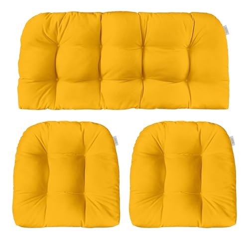 RSH DECOR Sunbrella 3 Piece Wicker Tufted Loveseat Set, Outdoor Pillows & Outdoor Chair Cushions, Patio Loveseat 44"x22" & 2-22"x22" U-Shaped, Canvas Sunflower Yellow - Made in USA