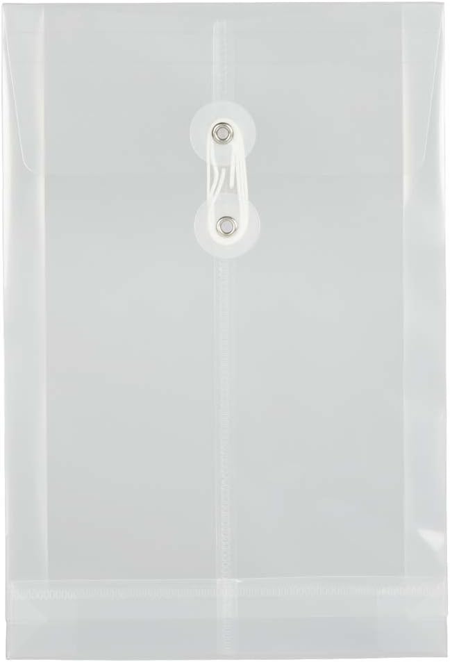 JAM PAPER Plastic Envelopes with Button & String Tie Closure - 6 1/4 x 9 1/4 - Clear - 12/Pack