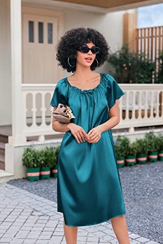 Ekouaer Womens, Satin Nightgown Nightshirt, O Neck Sleepshirt, Short Sleeves Sleepwear, Blue Green, 3X-Large #TOP16