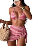 OZHOB Women's Sexy Boho 3 Piece Swimsuits Crochet Halter Triangle String Bathing Suit Cheeky Bikini Set with Cover Up Skirt Hot Pink Large