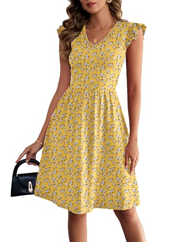 Image of HELYO Women's Summer Dresses Cute V Neck Ruffle Sleeve Cocktail Short Work Casual Dress with Pockets 648