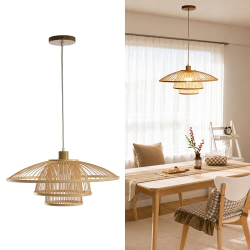 Image of Pendant Light, Bamboo Boho Hanging Light with Adjustable Height | For Kitchen Islands, Dining Rooms, Bedrooms, Entryways, 20'' Handwoven Lampshade, E26 Socket (Bulb Included)