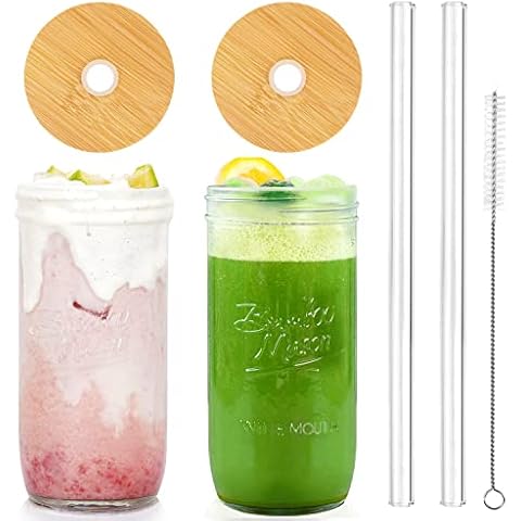 ANOTION Mason Jar with Lid and Straw, 24oz Wide Mouth Cup Reusable Drinking Glasses Tumbler Smoothie Water Bottles for Iced Coffee Margaritas Ice Cream Juice Cocktail Travel Office Home, 2 Packs Cover