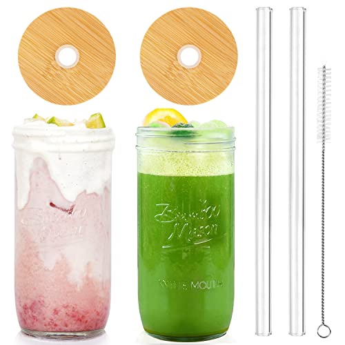 ANOTION Mason Jar with Lid and Straw, 24oz Wide Mouth Cup Reusable Drinking Glasses Tumbler Smoothie Water Bottles for Iced Coffee Margaritas Ice Cream Juice Cocktail Travel Office Home, 2 Packs