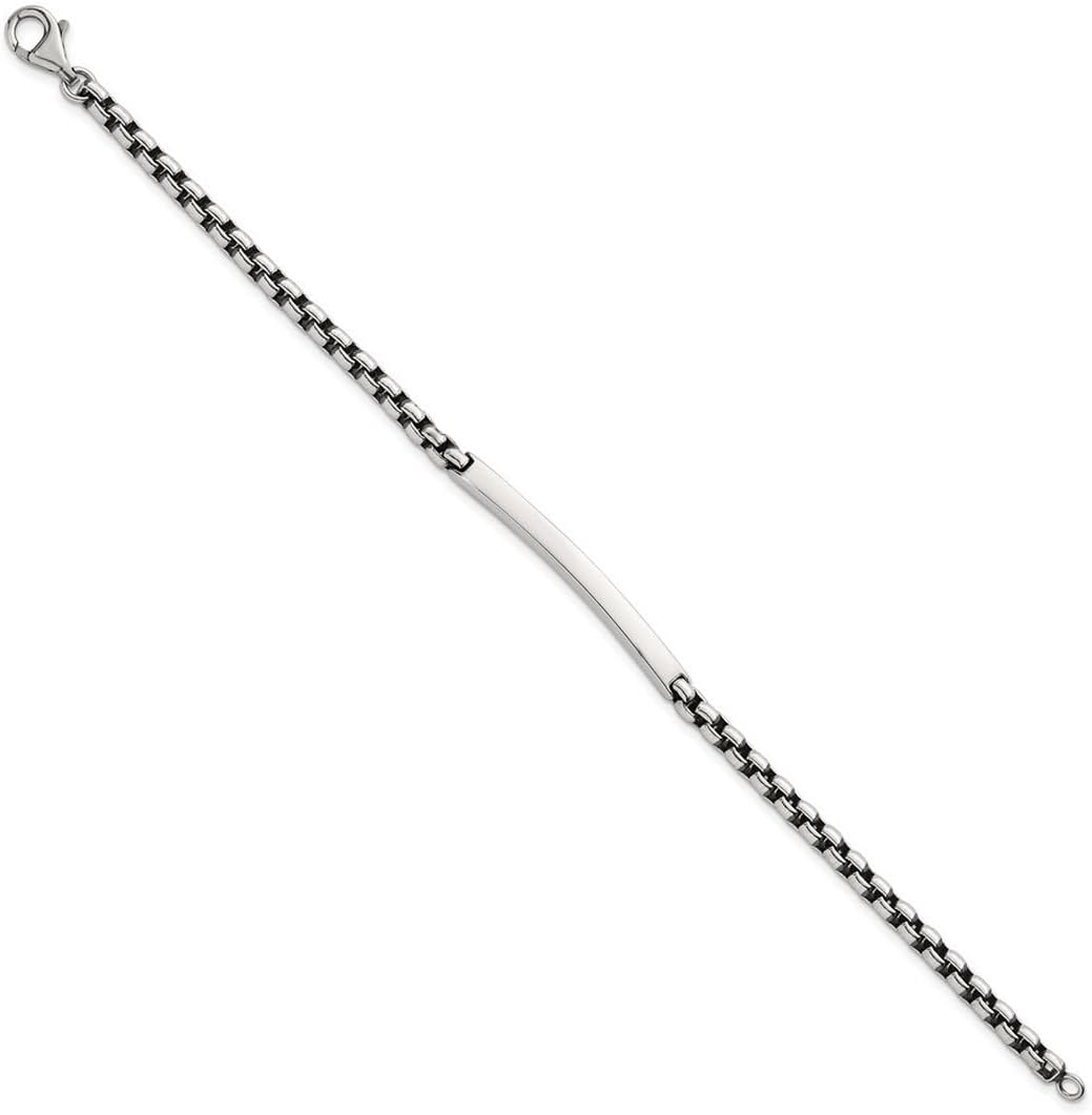 JewelryWeb 4.1mm 925 Sterling Silver Oxidized Round Box Chain Mens ID Bar Bracelet 8 Inch Identification Bracelet for Men