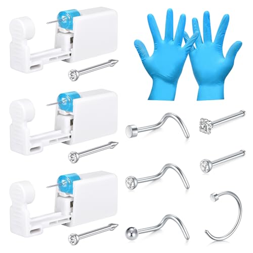LAURITAMI Nasenpiercing Pistole Set Mit 4 Stück Stecker, Sicherheit Tragbares Selbst Piercing Gold/Silber Set Mit 6 Stecker Ring und Handschuhe