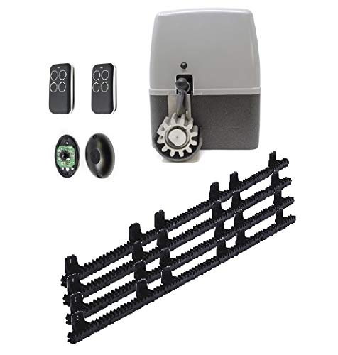 Kit para automatizar tu puerta de garaje corredera de modelo VDS GEKO 400 Kg, incluye motor, 2 mandos de código evolutivo, placa de control, 4 metros de cremallera, fotocelula y manuales.