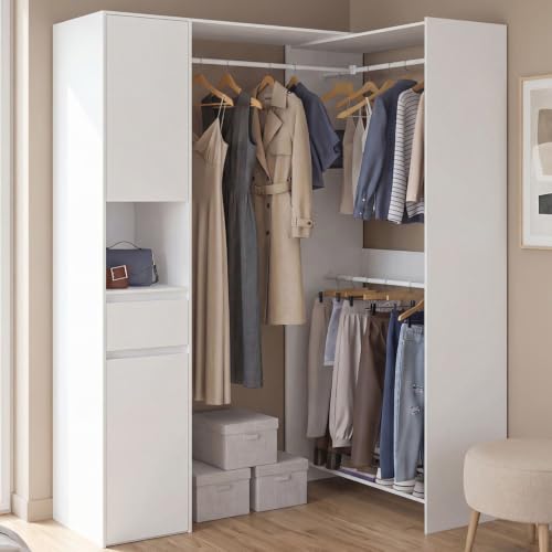 Dressing d'angle modulable . 145 / 203 cm MELMAN triple penderie + portes + tiroir + étagères - vue 3