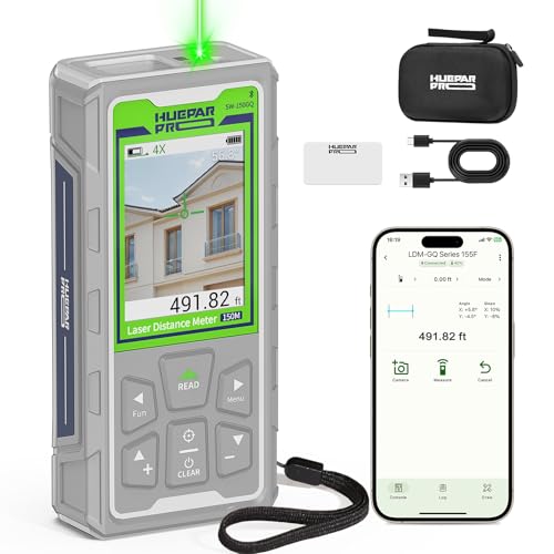 Huepar Pro Laser Measuring Tool, 495Ft Outdoor Laser Measure with Camera & Bluetooth Connected