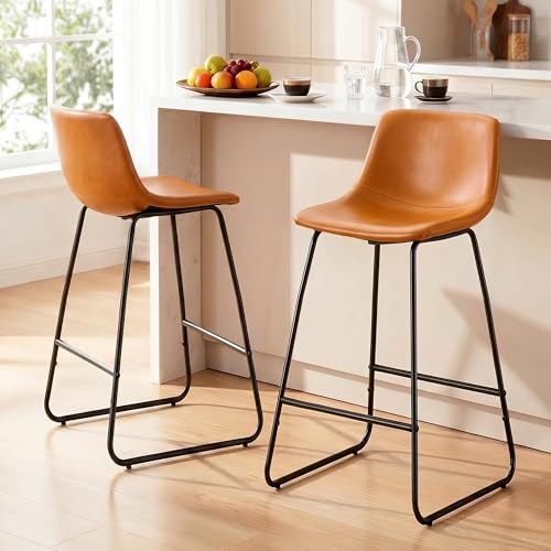 Joysoul Set de 2 Butacos Butacas de Bar Altura de Mostrador Modernos con Patas de Metal Sillas Industriales con Respaldo para Cocina Comedor y Pub (Marrón, 30 pulgadas) miniatura 1