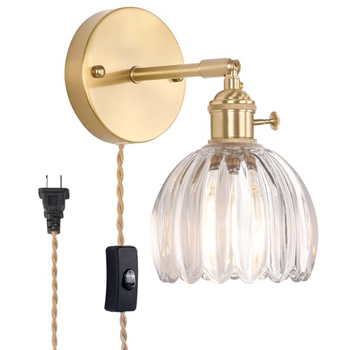 Shenmoyl Plug in Wall Sconce, Transparent Tulip Glass Lampshade Wall Light Plugin Corded for Bedside Bedroom Doorway