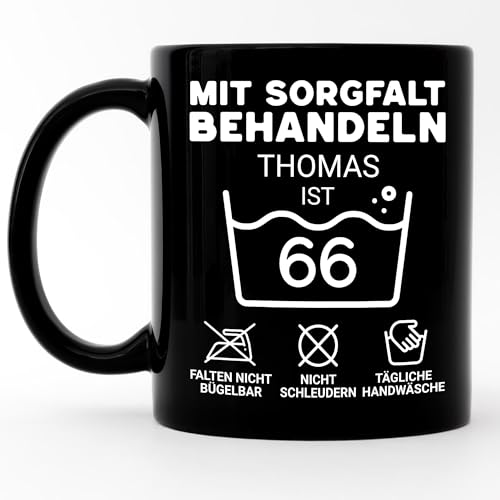 Kiddle-Design Personalisierte Tasse 66. Geburtstag - Mit Sorgfalt behandeln das Gute St&uuml;ck ist 66-66ter Lustiges Geschenk Geburtstag Mann Frau, Schwarze Tasse
