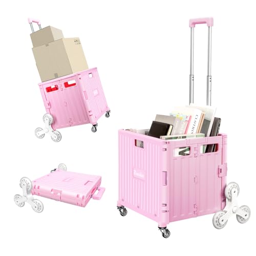 Nedcart Rolling Crate with Stair Climbing Wheels, Foldable Utility Cart with Detachable Lid & Telescoping Handle, Portable Rolling Cart Tote Basket for Teacher Upstairs Grocery Shopping