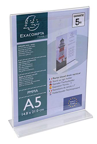 Exacompta 85158D Prospekthalter DIN A5 Hochformat aus stoßfestem Acryl T-Fuß ideal zur Präsentation Flyerhalter Aufsteller transparent