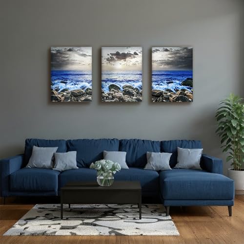 SERIMINO Beach Wall Art, Coastal Wall Art, Ocean Wall Decor, Modern Landscape Paintings Art Prints 3 Pieces Set, Seaside Canvas Pictures for Living Room Bedroom Bathroom Home Office Decoration 20"X28" - Image 4